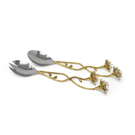 Gold Salad Server Set with Large White Enamel Flowers