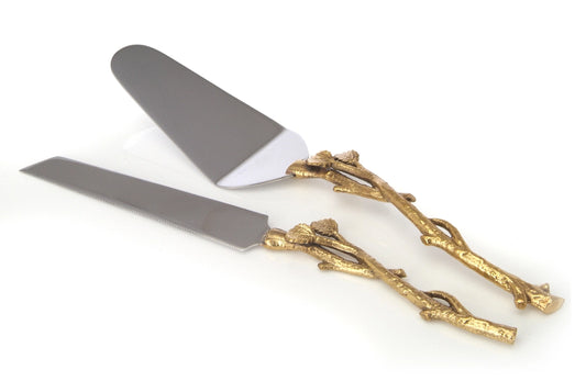 Cake Server and Knife Set with Leaf Design-Gold