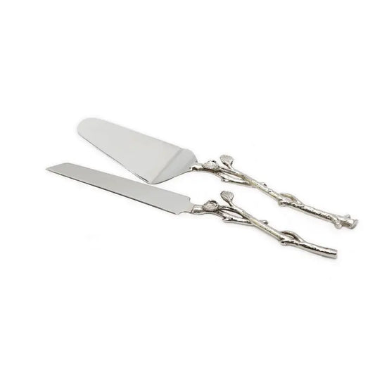 Cake Server and Knife Set with Leaf Design-Silver